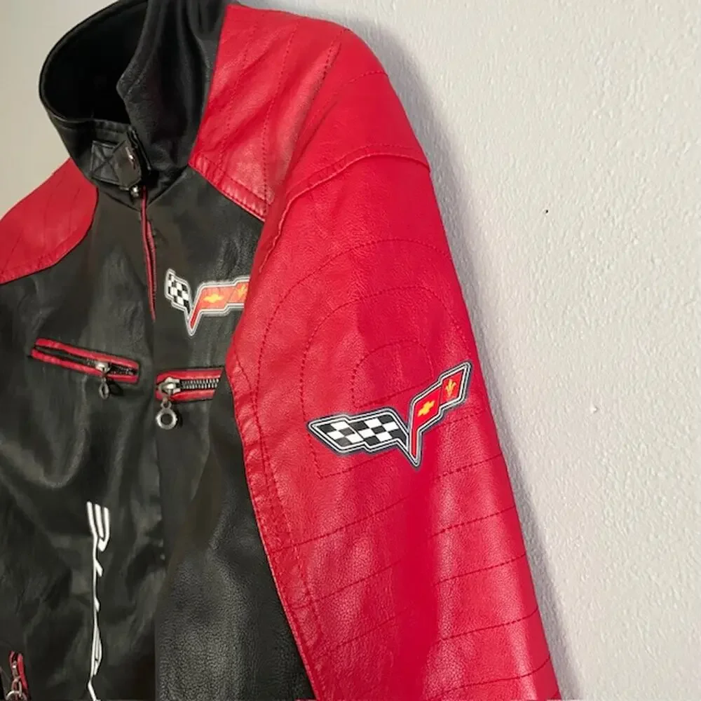 Corvette C7 Racing Jacket Black Red 2XL Faux Leather Moto Coat Streetwear Y2K